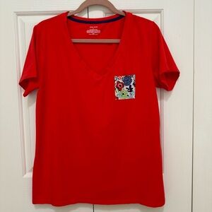 Sleep Sense Red Short Sleeve V Neck Soft Casual Lounge Tee w/Floral Chest Pocket